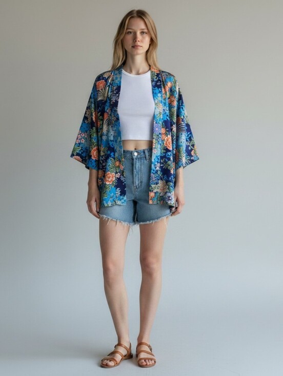 None Jackets & Blazers - Blue Floral Japanese Kimono Cardigan